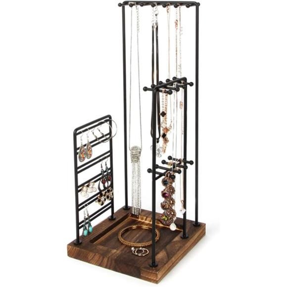 Jewelry Organizer Stand, Black Metal Jewelry Tree Display Holder with Wood Tray - Picture 1 of 7